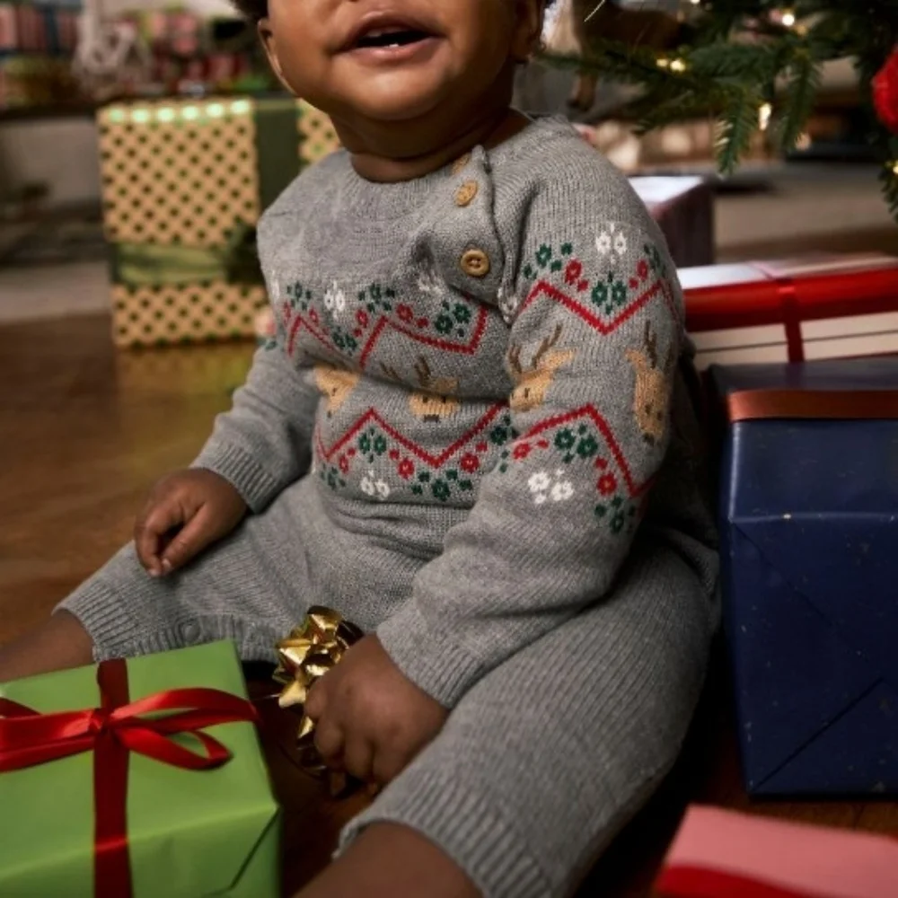 Carter's Fair Isle Gray Reindeer Long Sleeve Infant Jumpsuit 24 Months